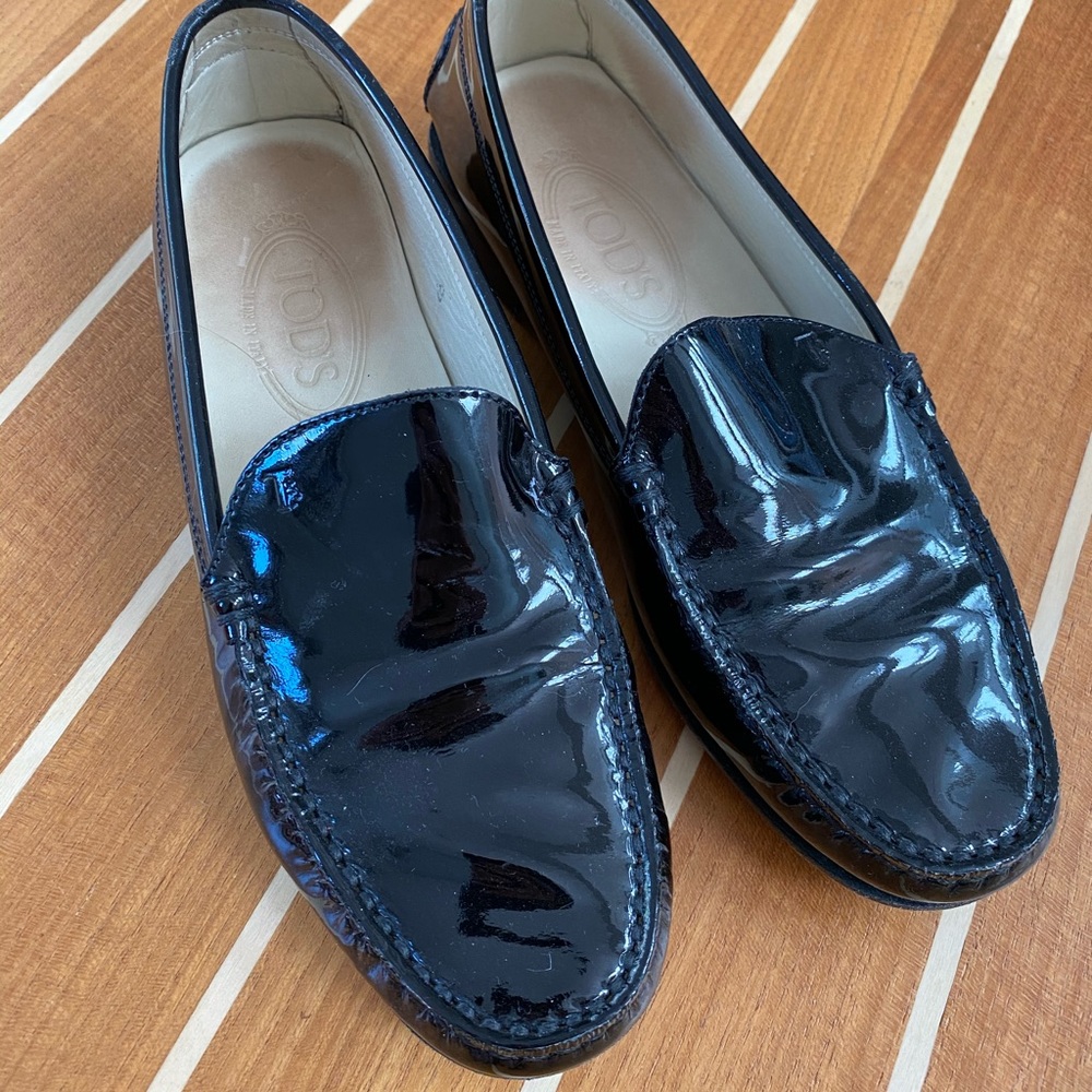 Black patent leather Tod’s loafers!